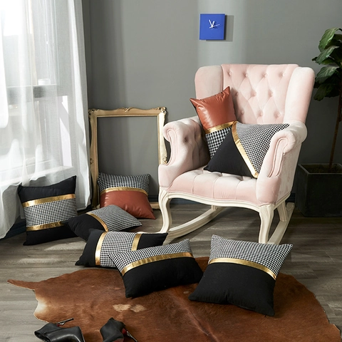 Modern Minimalistisch Polyester Hahnentritt Spleißen Kissenbezug Luxus Goldstreifen Dekorativ Kissenhülle Für Sofa Zuhause Dekor