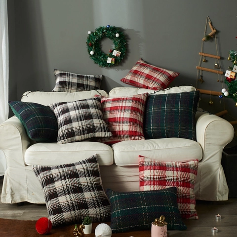 European Classic Christmas Plaid Knitted Yarn Pillowcase Decorative Tartan Checkered Cushion Cover For Sofa Home Decor