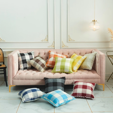 Fodera per Cuscino Moderna in Lino di Cotone Gingham Con Pompon Quadri Decorativo per Divano Soggiorno Arredamento Casa