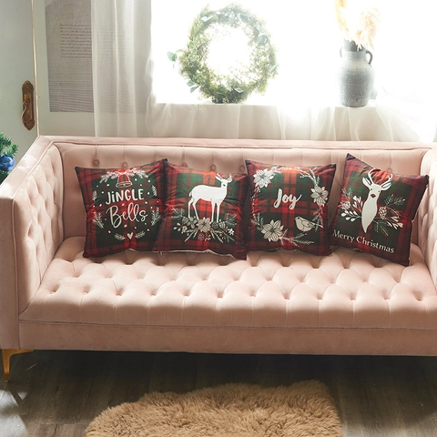 Christmas Short Plush Pillowcase Tartan Plaid Reindeer Joy Printed Cushion Cover Red Green Festive Decorative Throw Pillow Case For Sofa Home Decor