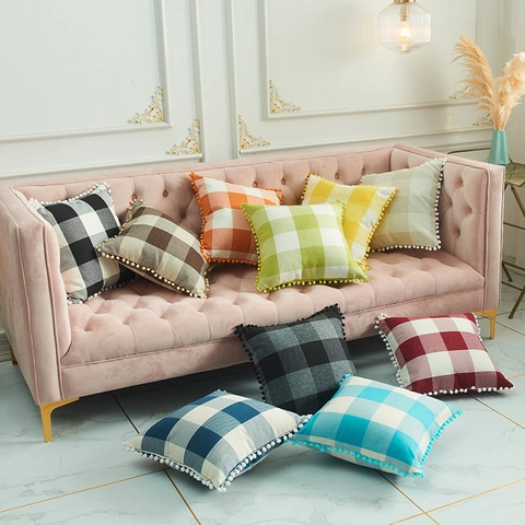 Fodera per Cuscino Moderna in Lino di Cotone Gingham Con Pompon Quadri Decorativo per Divano Soggiorno Arredamento Casa