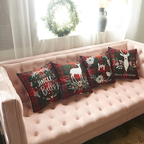 Christmas Short Plush Pillowcase Tartan Plaid Reindeer Joy Printed Cushion Cover Red Green Festive Decorative Throw Pillow Case For Sofa Home Decor