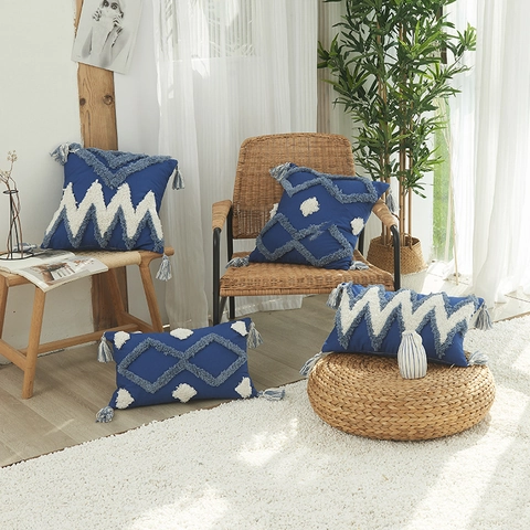 Marokkaanse Getufte Katoenen Kussenhoes Noords Geometrische Boho Kussensloop Met Kwastjes Voor Sofa Woonkamer Decoratief