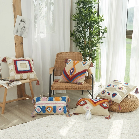 Boho Getufteter Kissenbezug Mit Quasten Baumwolle Geometrisches Muster Dekokissenhülle Home Sofa Wohnzimmer Deko