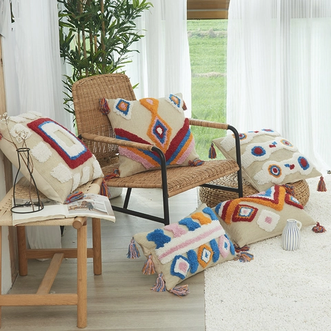 Boho Getufteter Kissenbezug Mit Quasten Baumwolle Geometrisches Muster Dekokissenhülle Home Sofa Wohnzimmer Deko
