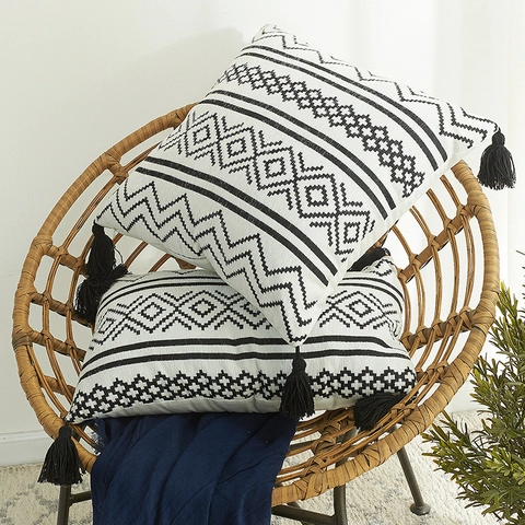 Nordisch Bohemian Chenille Geometrisch Jacquard Kissenbezug Mit Quasten Schwarz Weiß Kissenhülle Für Sofa Wohnzimmer Deko