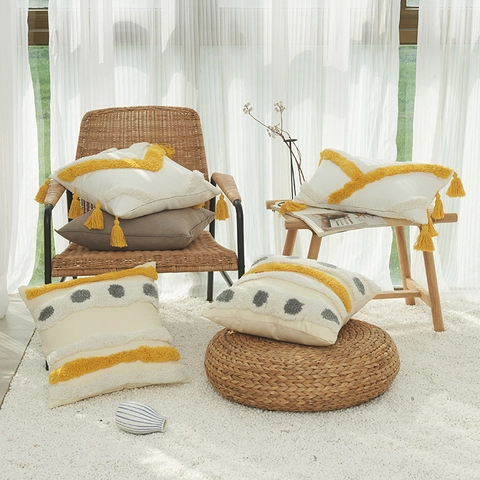 Federa Boho Tuffata Con Nappe in Cotone Geometrico Copricuscino Marocchino Nordico Cuscino per Divano Letto Casa
