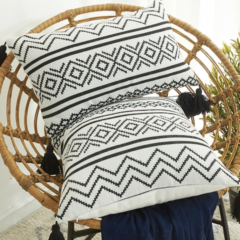 Nordisch Bohemian Chenille Geometrisch Jacquard Kissenbezug Mit Quasten Schwarz Weiß Kissenhülle Für Sofa Wohnzimmer Deko