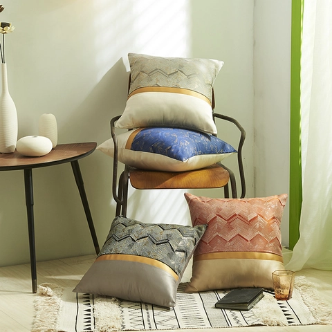 Fodera per Cuscino a Spina di Pesce con Striscia Dorata Patchwork in Stile Nordico Elegante Federa Decorativa in Raso Poliestere per Divano