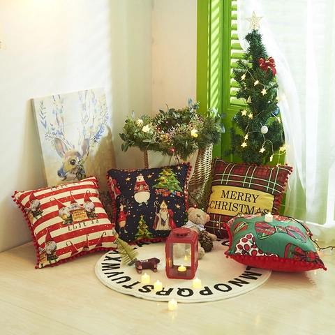 Kerst Kussensloop Pompon Rand Kerstman Rood Geruit Gestreept Decoratieve Kussenhoes Voor Bank Thuis Vakantie Decoratie