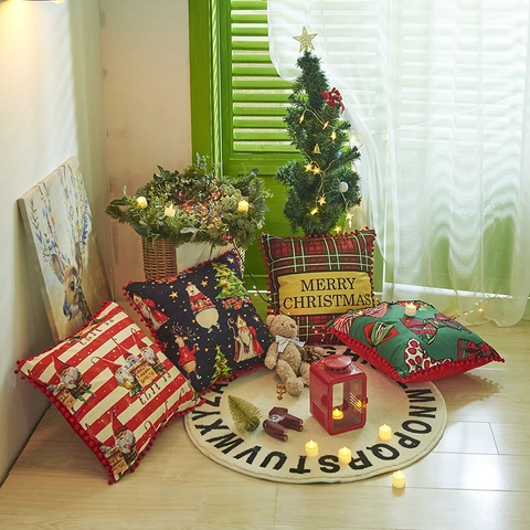 Kerst Kussensloop Pompon Rand Kerstman Rood Geruit Gestreept Decoratieve Kussenhoes Voor Bank Thuis Vakantie Decoratie