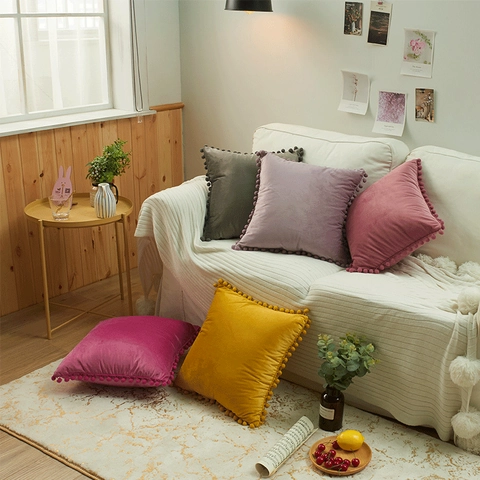 Nordisch Holländischer Samt Dekorativer Kissenbezug Mit Pompons Einfarbig Wurfkissenhülle Für Sofa Wohnzimmer Schlafzimmer