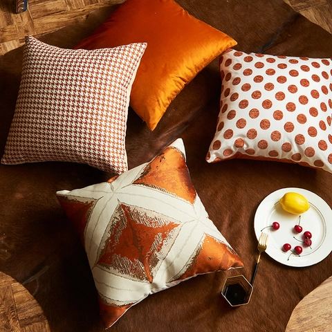 Taie d'Oreiller Décorative Orange Pied-de-poule Pois Diamant Velours Chenille Housse de Coussin Carrée Déco Maison