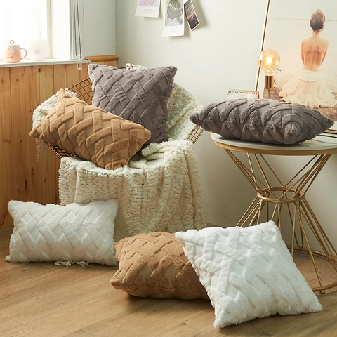 Nordischer 3D Geometrischer Plüsch Kissenbezug Weicher Kaninchenfell-Imitat Webstruktur Kissenhülle Für Sofa Bett Wohnzimmer Deko