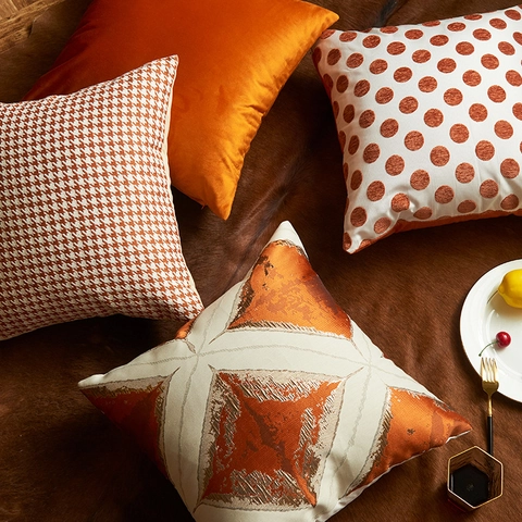 Taie d'Oreiller Décorative Orange Pied-de-poule Pois Diamant Velours Chenille Housse de Coussin Carrée Déco Maison