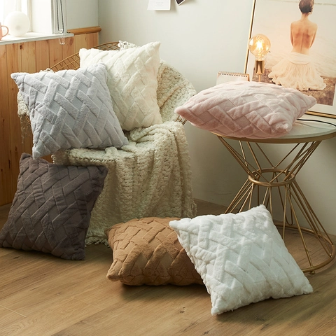 Nordischer 3D Geometrischer Plüsch Kissenbezug Weicher Kaninchenfell-Imitat Webstruktur Kissenhülle Für Sofa Bett Wohnzimmer Deko