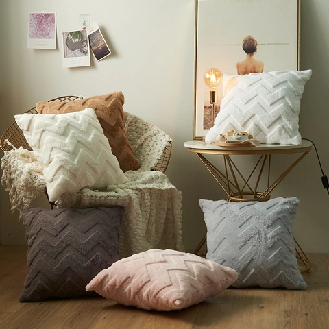 Fodera per Cuscino in Peluche Nordico Motivo a Onde Geometrico Morbido Copricuscino Tinta Unita Decorazione Casa Divano
