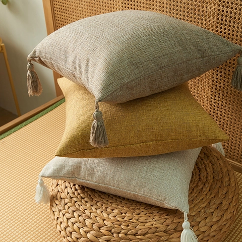 Japanese Style Solid Color Cotton Linen Pillowcase With Tassels Bohemian Decorative Cushion Cover For Sofa Home Decor