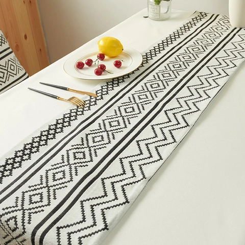 Nordic Chenille Geometric Pattern Table Runner With Tassels Bohemian Black White Woven Double Layer Table Decor For Dining Home