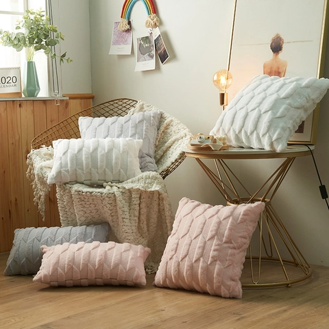 Noordse Stijl Imitatie Konijnenbont Pluche Kussenhoes Zacht Geometrisch Visgraatpatroon Decoratieve Kussensloop Voor Sofa Home Decor