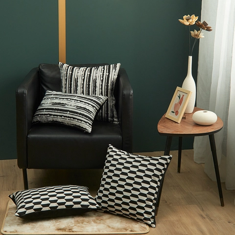 Italiaanse Stijl Garengeverfde Jacquard Kussenhoes Minimalistisch Zwart Wit Geometrisch Gestrept Bank Decoratieve Sloop
