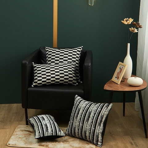 Italiaanse Stijl Garengeverfde Jacquard Kussenhoes Minimalistisch Zwart Wit Geometrisch Gestrept Bank Decoratieve Sloop