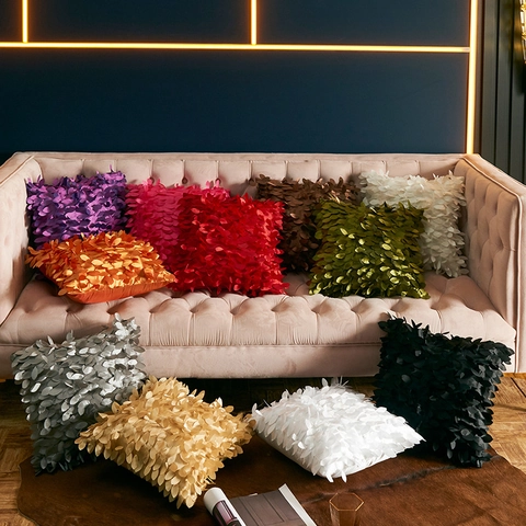 Housse de Coussin Décorative Feuille 3D Pétale Satin Souple Polyester Taie d'Oreiller pour Canapé Salon Décoration Maison