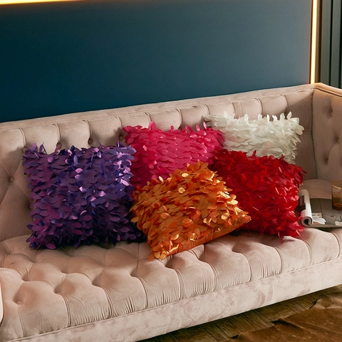 Housse de Coussin Décorative Feuille 3D Pétale Satin Souple Polyester Taie d'Oreiller pour Canapé Salon Décoration Maison