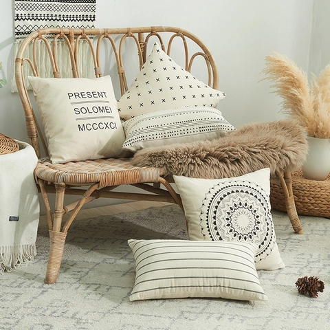Housse de Coussin Imprimée en Coton Bohème Nordique Géométrique Lettre Mandala Motif Décoratif Carré Taie d'Oreiller Canapé