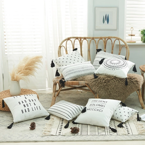 Bohemian Cotton Canvas Tassel Cushion Cover Nordic Geometric Print Throw Pillowcase For Home Living Room Sofa Decor