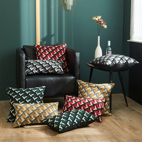 Housse de Coussin Décorative à Motif Géométrique en T Toile de Coton Taie d'Oreiller de Canapé Jacquard Moderne Décoration de Maison