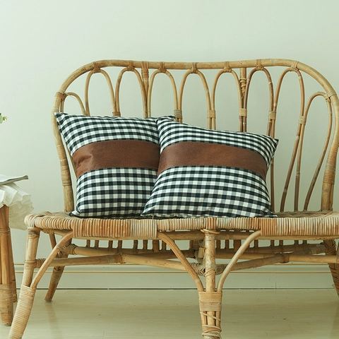 Minimalistischer Gingham Karierter Patchwork Kissenbezug Braun Kunstleder Quadratischer Kissenbezug Nordisch Modern Deko Kissenhülle