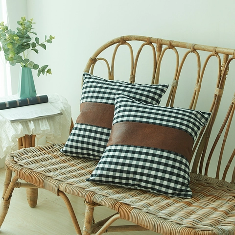 Minimalistischer Gingham Karierter Patchwork Kissenbezug Braun Kunstleder Quadratischer Kissenbezug Nordisch Modern Deko Kissenhülle