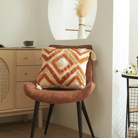 Fodera per Cuscino Decorativa Tufted Boho Geometrica con Nappine Marrone Argilla Morbida in Peluche per Divano Soggiorno