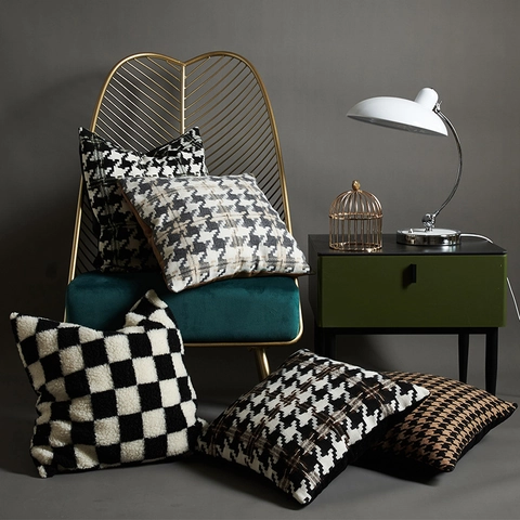 Hahnentritt Schaakbord Getuft Kussensloop Zacht Imitatie Lamswol Decoratieve Kussenhoes Voor Sofa Couch Thuis Decor