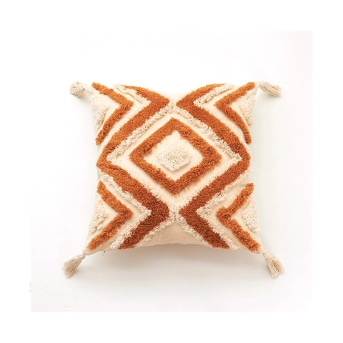 Fodera per Cuscino Decorativa Tufted Boho Geometrica con Nappine Marrone Argilla Morbida in Peluche per Divano Soggiorno