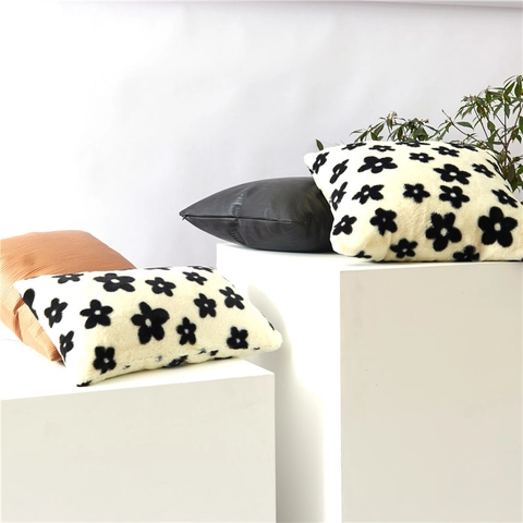 Nordic Ins Floral Double Sided Plush Pillowcase Black And White Flower Pattern Soft Throw Pillow Cover Home Sofa Decor