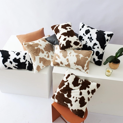 Modern Cow Pattern Plush Throw Pillowcase Soft Double Sided Faux Fur Cushion Cover For Sofa Car Home Decor Aesthetic Pillow Case