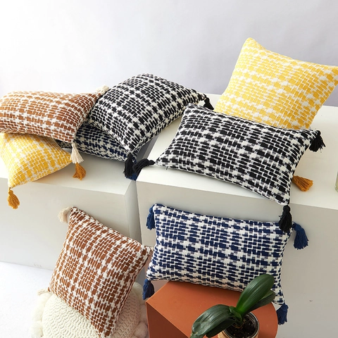 Nordischer Gewebter Kissenbezug Mit Quasten Baumwoll-Polyester-Mischung Geometrische Karierte Kissenhülle Für Sofa Haus Deko