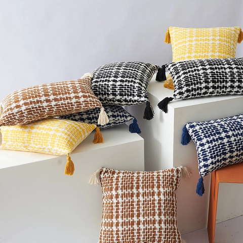 Nordischer Gewebter Kissenbezug Mit Quasten Baumwoll-Polyester-Mischung Geometrische Karierte Kissenhülle Für Sofa Haus Deko