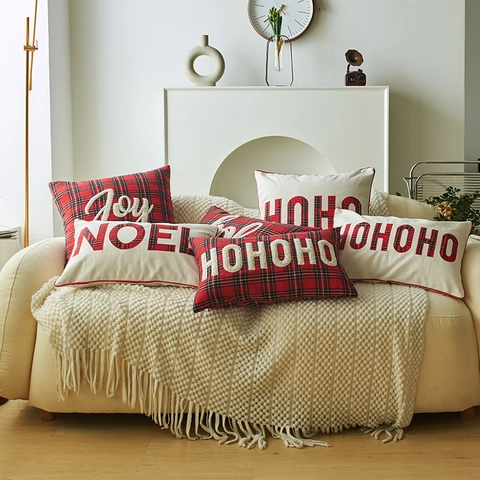 Fodera per Cuscino Natalizia in Cotone a Quadri Ricamo Joy Noel HOHOHO Tartan Copricuscino per Arredamento Divano Casa