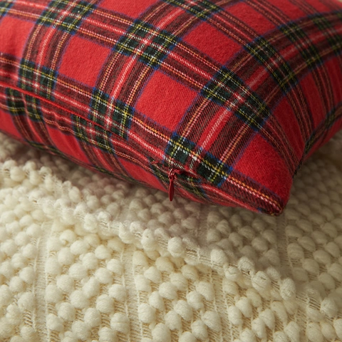 Fodera per Cuscino Natalizia in Cotone a Quadri Ricamo Joy Noel HOHOHO Tartan Copricuscino per Arredamento Divano Casa