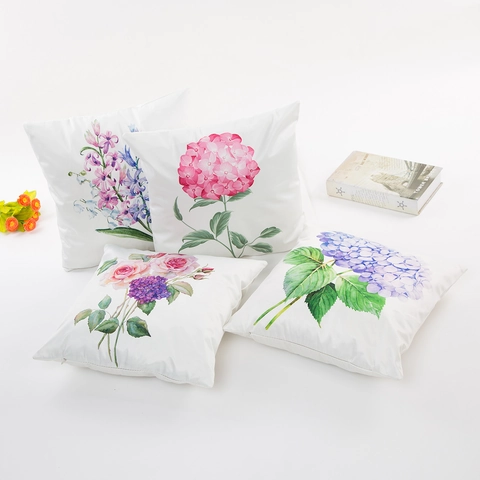 Watercolor Floral Print Polyester Cushion Cover Elegant Satin Finish Decorative Throw Pillowcase For Sofa Living Room Decor