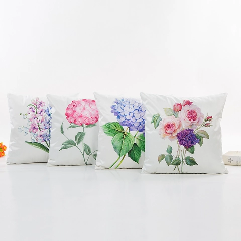 Watercolor Floral Print Polyester Cushion Cover Elegant Satin Finish Decorative Throw Pillowcase For Sofa Living Room Decor