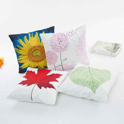 Funda de Almohada Moderna de Satén Seda Imitación Estampado Girasol Hoja Membrillo Hortensia Funda de Cojín Cuadrada Decorativa para Sofá Sala Estar Decoración Hogar