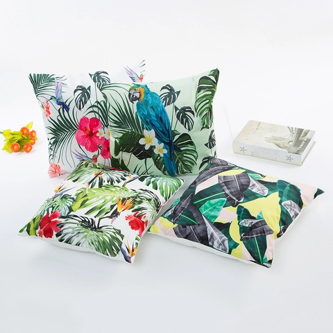 Decoratieve Kussenslopen Met Tropisch Blad En Vogelprint Van Satijn Polyester Kussenhoes Voor Bank Woonkamer Huisdecoratie