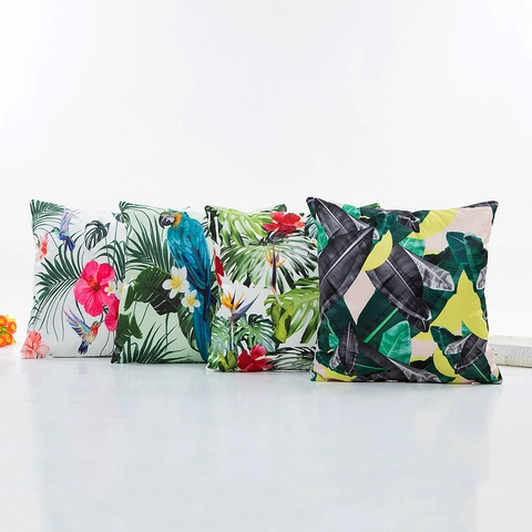 Decoratieve Kussenslopen Met Tropisch Blad En Vogelprint Van Satijn Polyester Kussenhoes Voor Bank Woonkamer Huisdecoratie