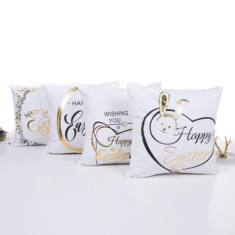 Modern Easter Gold Foil Cushion Cover Polyester Rabbit Egg Pattern Decorative Pillow Case For Sofa Living Room Home Decor