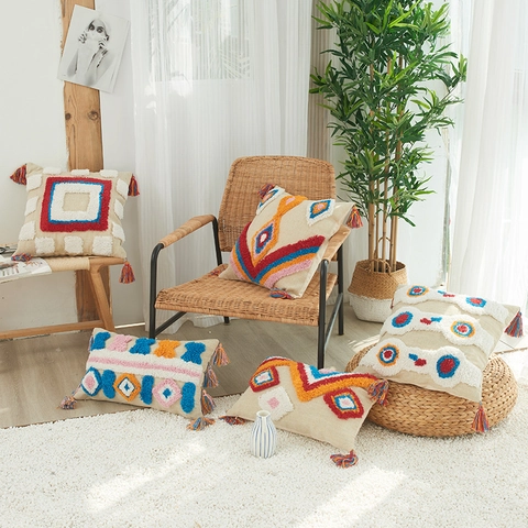 Funda de Cojín Tufted Bohemia de Algodón y Lino Patrón Geométrico Con Borlas Funda de Almohada Decorativa para Sofá Decoración