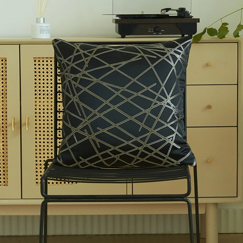 Funda de Almohada Bordada en Poliéster Jacquard Lujo Moderno con Líneas Metálicas Geométricas Decorativa para Sala de Estar Dormitorio